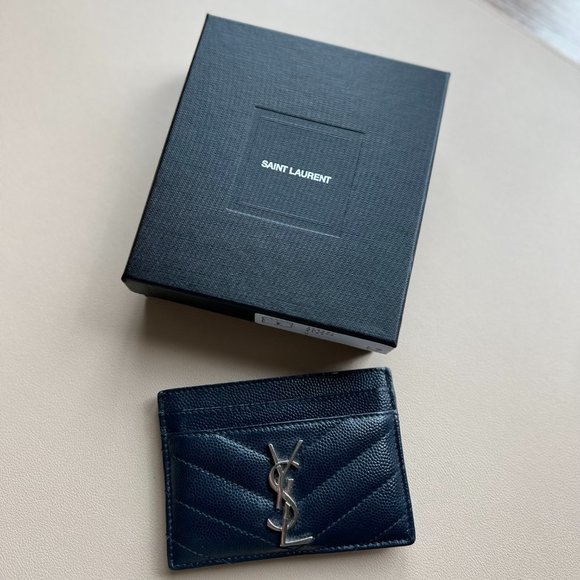 Saint Laurent Matellase Chevron Monogram Card Holder Navy - Picture 2 of 6